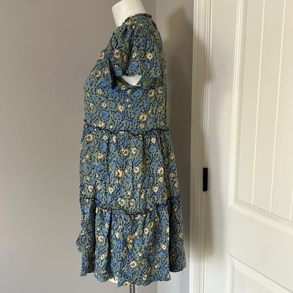 Anthropologie Penrose Tiered Tunic Dress GUACAMOLE Green Blue Puff Sleeve Sz XSP - Picture 8 of 14